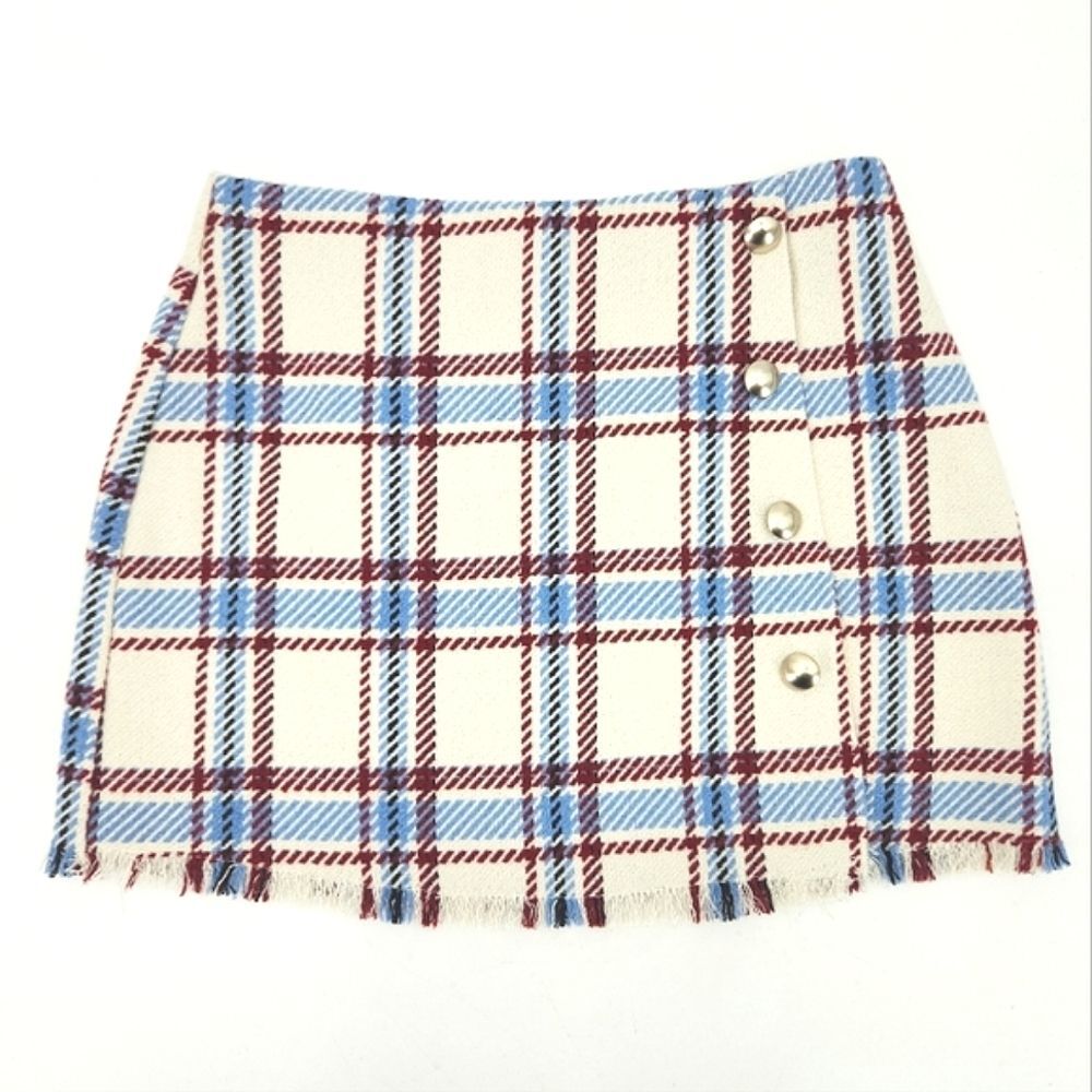 Forever 21 Faux Wrap Mini Skirt Size Small Plaid Check Wool Blend Light Academia